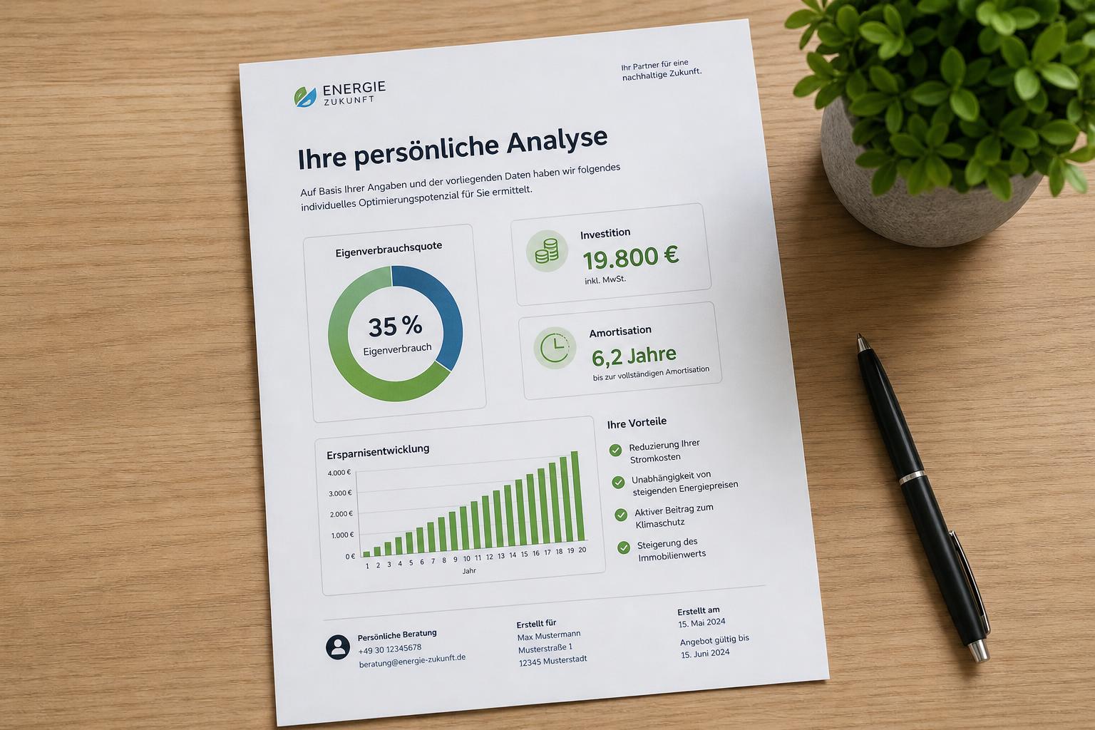 Persönliche Analyse mit Vergleich von Eigenverbrauch, Investition, Amortisation und Ersparnisentwicklung